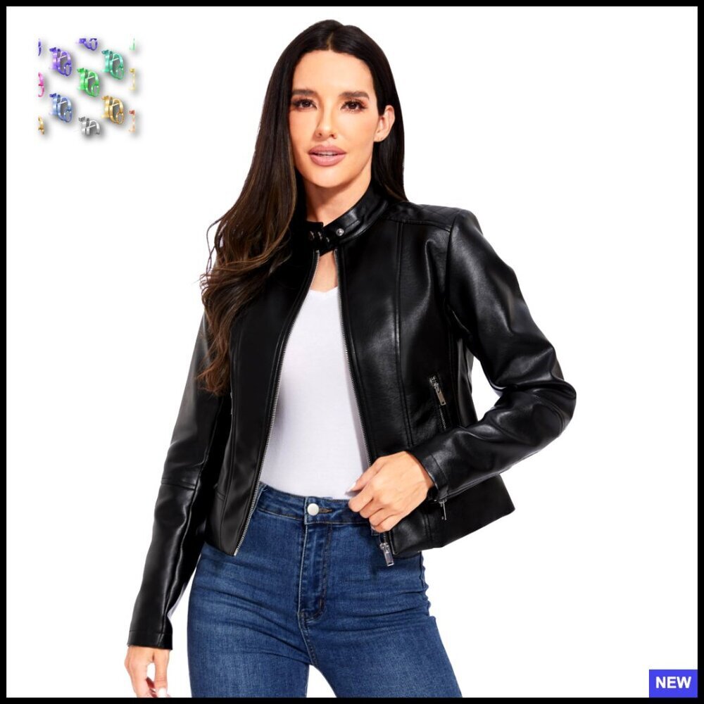 Faux Leather Cropped Motorcycle Jacket Punk Style Zipper Closure Utility Pockets